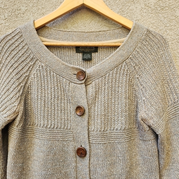 Eddie Bauer Cardigan Women's Medium Beige 3/4 Sleeve Linen Cotton Blend Sweater - Picture 3 of 12